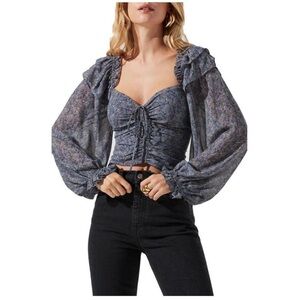 ASTR The Label Cropped Floral Blue Long Sleeve Blouse XS